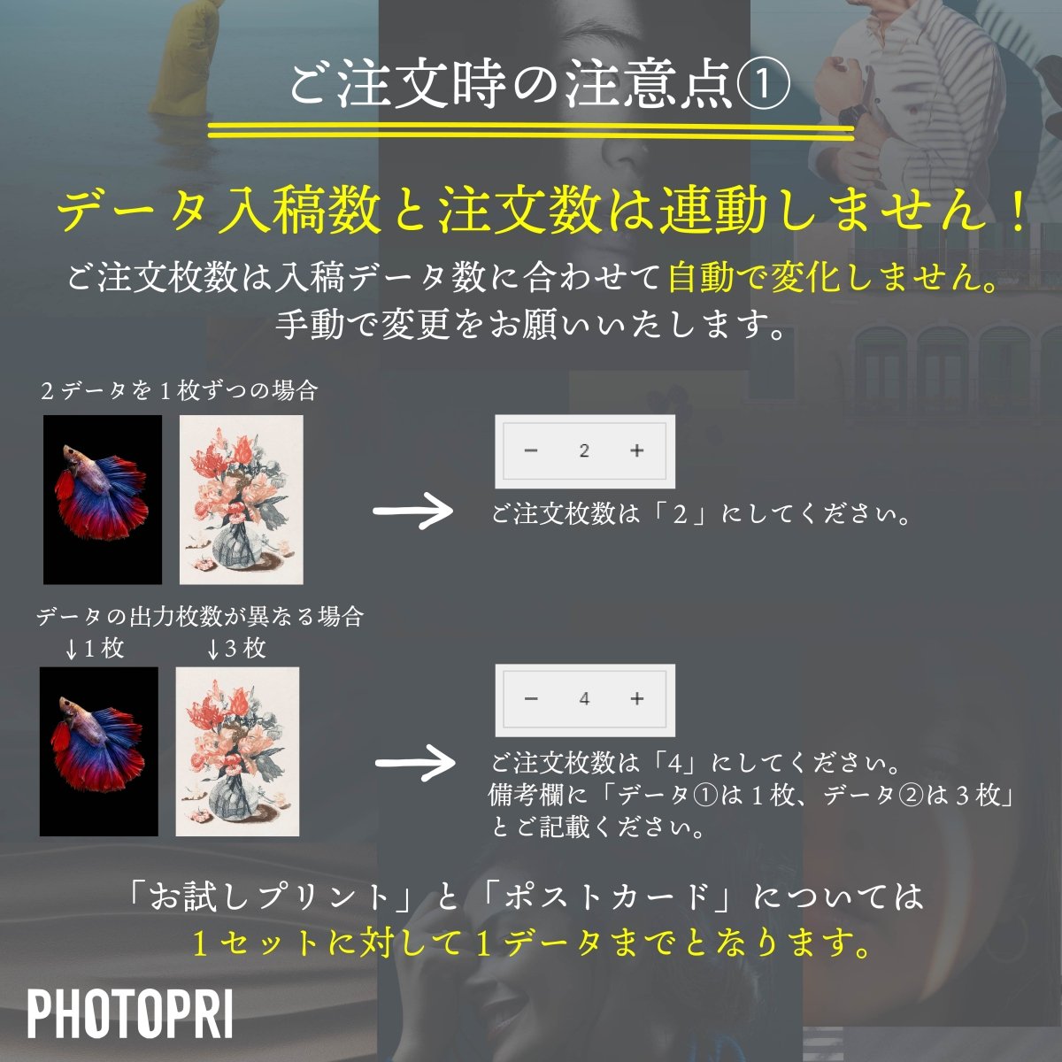 ご注文時の注意点①の説明図。入稿データ数と注文枚数は連動しないため、注文枚数は手動で変更が必要