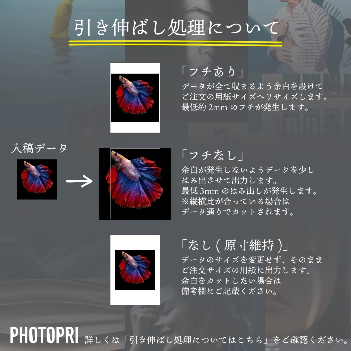 引き伸ばし処理の説明図。フチあり(最低約2mmの余白を設けてリサイズ)、フチなし(最低3mmはみ出させて出力)、なし(原寸維持)の3つの仕上がりを比較
